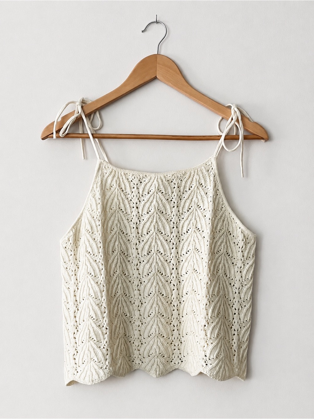 H&M Pointelle Knit Cotton Tie Strap Tank Top Cream Size M